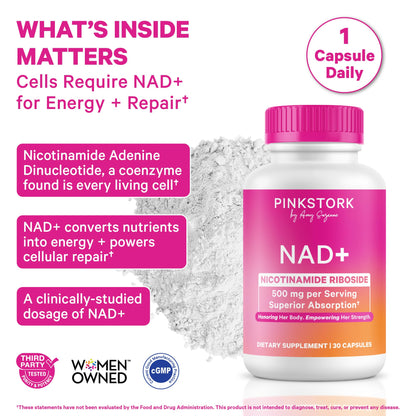 Pink Stork NAD+ Supplement for Women | 500mg Nicotinamide Riboside NR | Clinically-Studied Pure NMN Powder | Brain + Cognitive Support |Energy, Skin Essentials Over 30 | 1 Month Supply - Maple Wellness Supplements