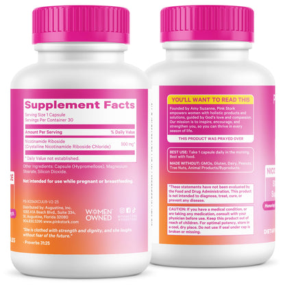 Pink Stork NAD+ Supplement for Women | 500mg Nicotinamide Riboside NR | Clinically-Studied Pure NMN Powder | Brain + Cognitive Support |Energy, Skin Essentials Over 30 | 1 Month Supply - Maple Wellness Supplements