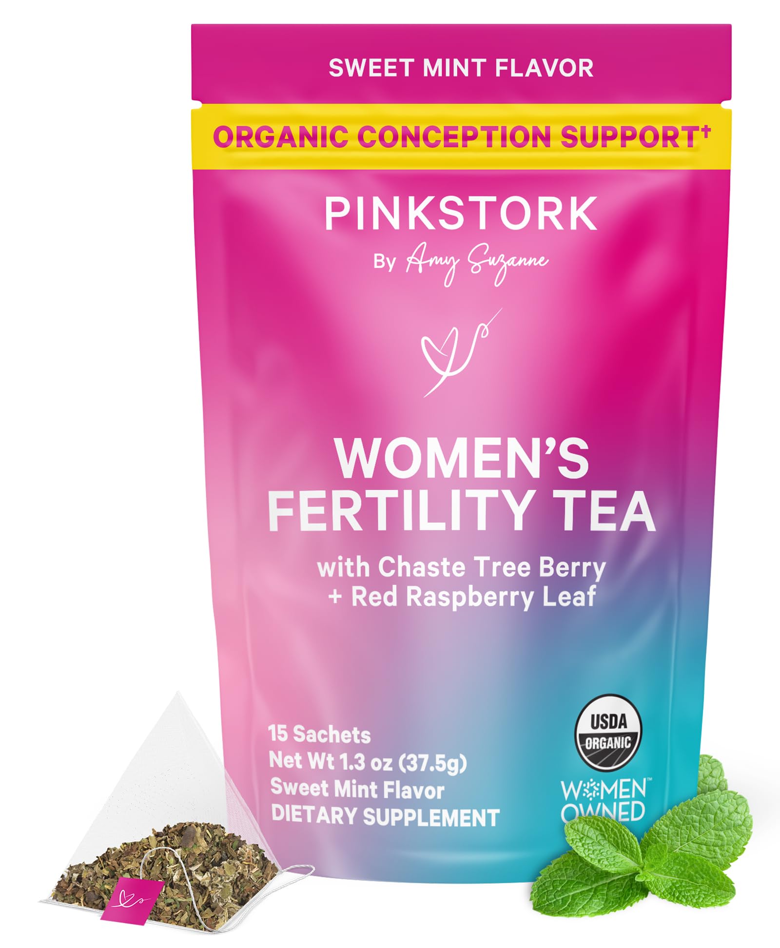 Pink Stork Organic Fertility Tea for Women | Fertility Supplements for Women with Chaste Tree Berry (Vitex) + Red Raspberry Leaf | Hormone Balance Herbal Tea for Conception Support | USDA Organic, Caffeine Free - Sweet Mint, 15 Sachets - Maple Wellness Supplements