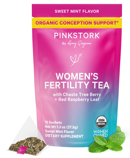 Pink Stork Organic Fertility Tea for Women | Fertility Supplements for Women with Chaste Tree Berry (Vitex) + Red Raspberry Leaf | Hormone Balance Herbal Tea for Conception Support | USDA Organic, Caffeine Free - Sweet Mint, 15 Sachets - Maple Wellness Supplements