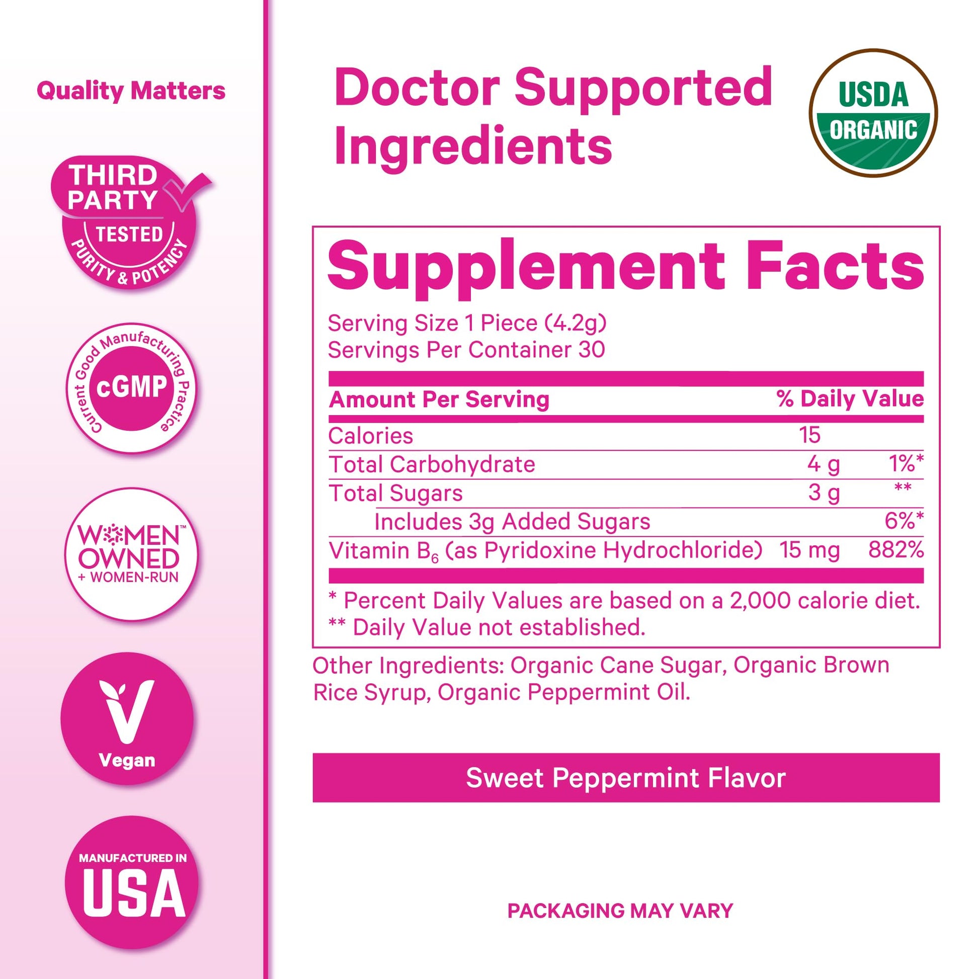 Pink Stork Organic Peppermint Sweets for Morning Sickness and Motion Sickness Support, Added Vitamin B6, 1st Trimester Pregnancy Must Haves - 30 Wrapped Peppermint Candies - Maple Wellness Supplements