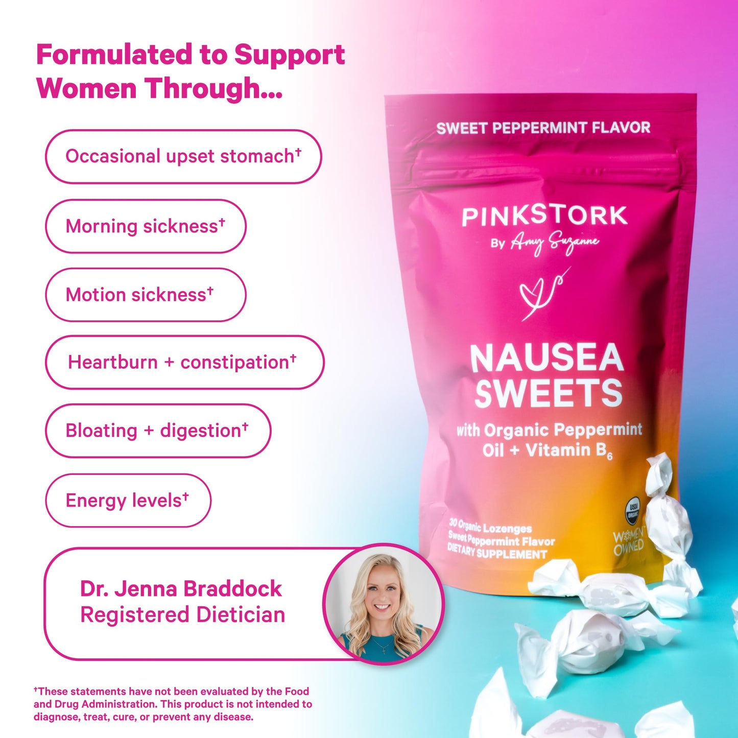 Pink Stork Organic Peppermint Sweets for Morning Sickness and Motion Sickness Support, Added Vitamin B6, 1st Trimester Pregnancy Must Haves - 30 Wrapped Peppermint Candies - Maple Wellness Supplements