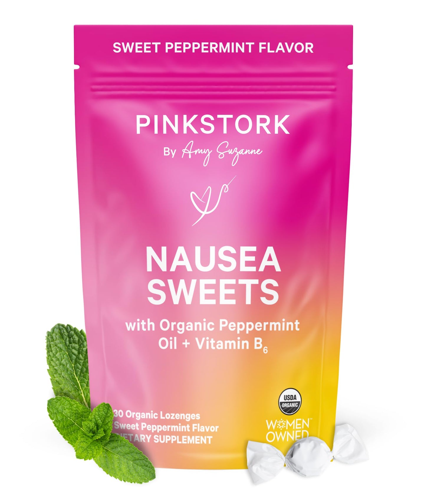 Pink Stork Organic Peppermint Sweets for Morning Sickness and Motion Sickness Support, Added Vitamin B6, 1st Trimester Pregnancy Must Haves - 30 Wrapped Peppermint Candies - Maple Wellness Supplements