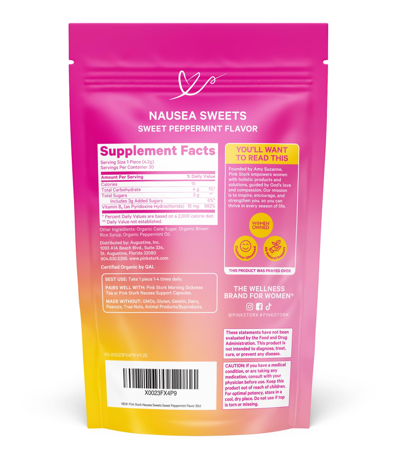 Pink Stork Organic Peppermint Sweets for Morning Sickness and Motion Sickness Support, Added Vitamin B6, 1st Trimester Pregnancy Must Haves - 30 Wrapped Peppermint Candies - Maple Wellness Supplements