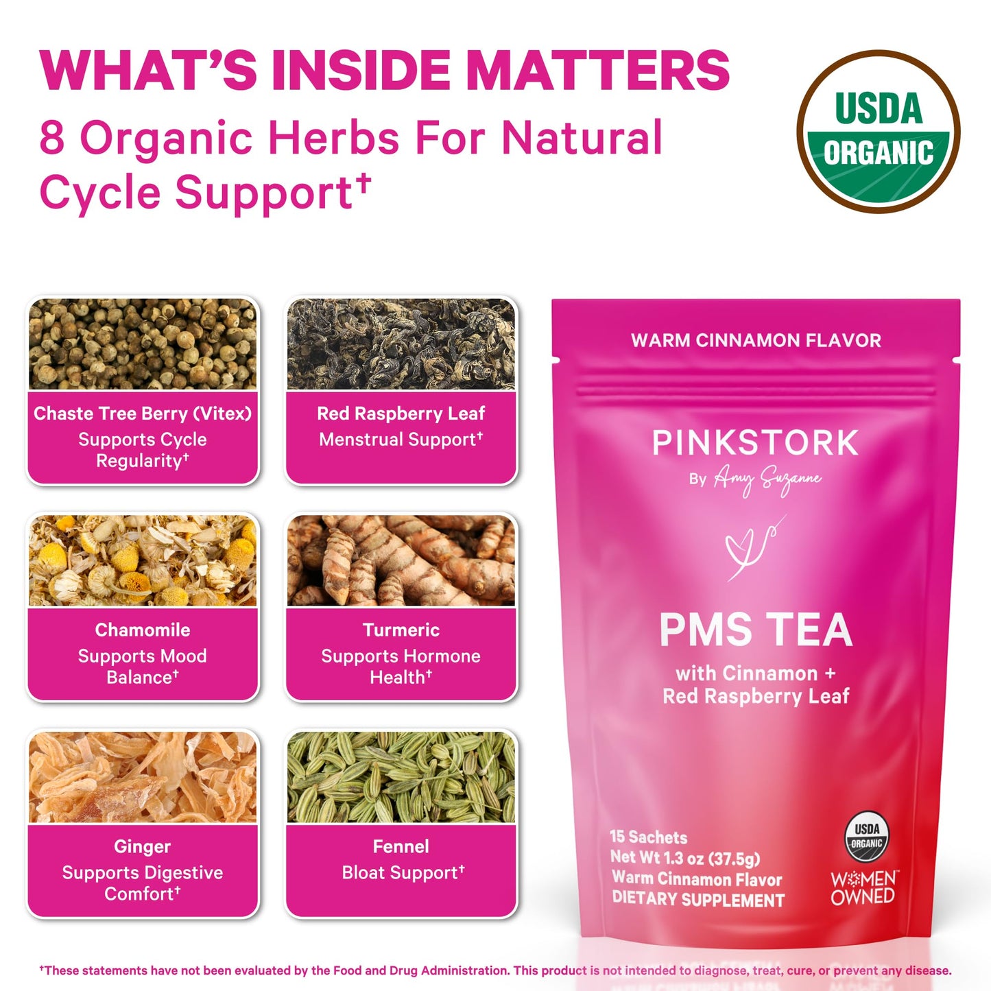 Pink Stork Organic PMS Tea for Hormone Balance, Mood Swings, Bloating, and Period Regularity - 8 Herbs - Vitex, Red Raspberry Leaf, Chamomile - Caffeine-Free - 15 Sachets, Hot or Iced - Maple Wellness Supplements