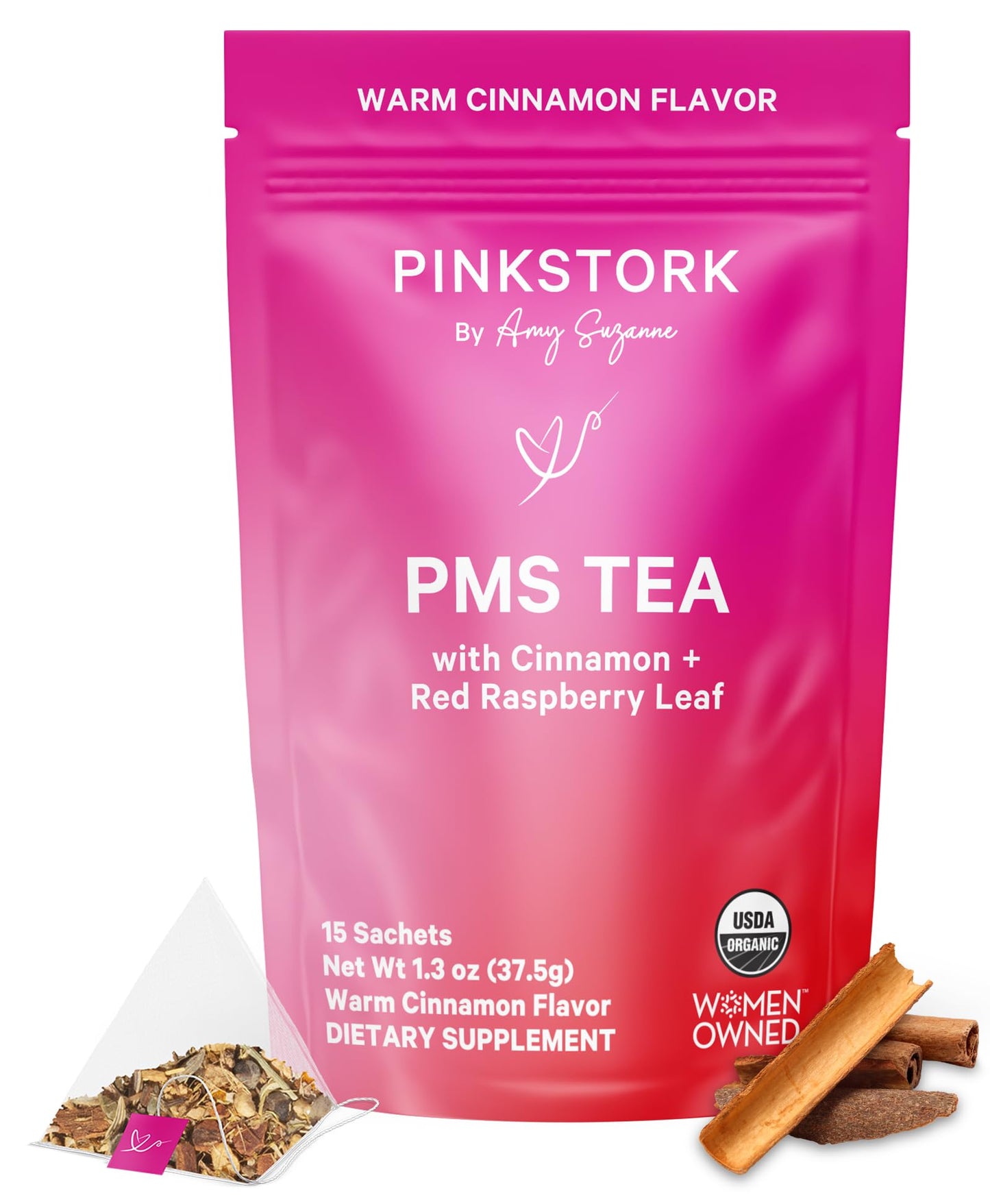 Pink Stork Organic PMS Tea for Hormone Balance, Mood Swings, Bloating, and Period Regularity - 8 Herbs - Vitex, Red Raspberry Leaf, Chamomile - Caffeine-Free - 15 Sachets, Hot or Iced - Maple Wellness Supplements