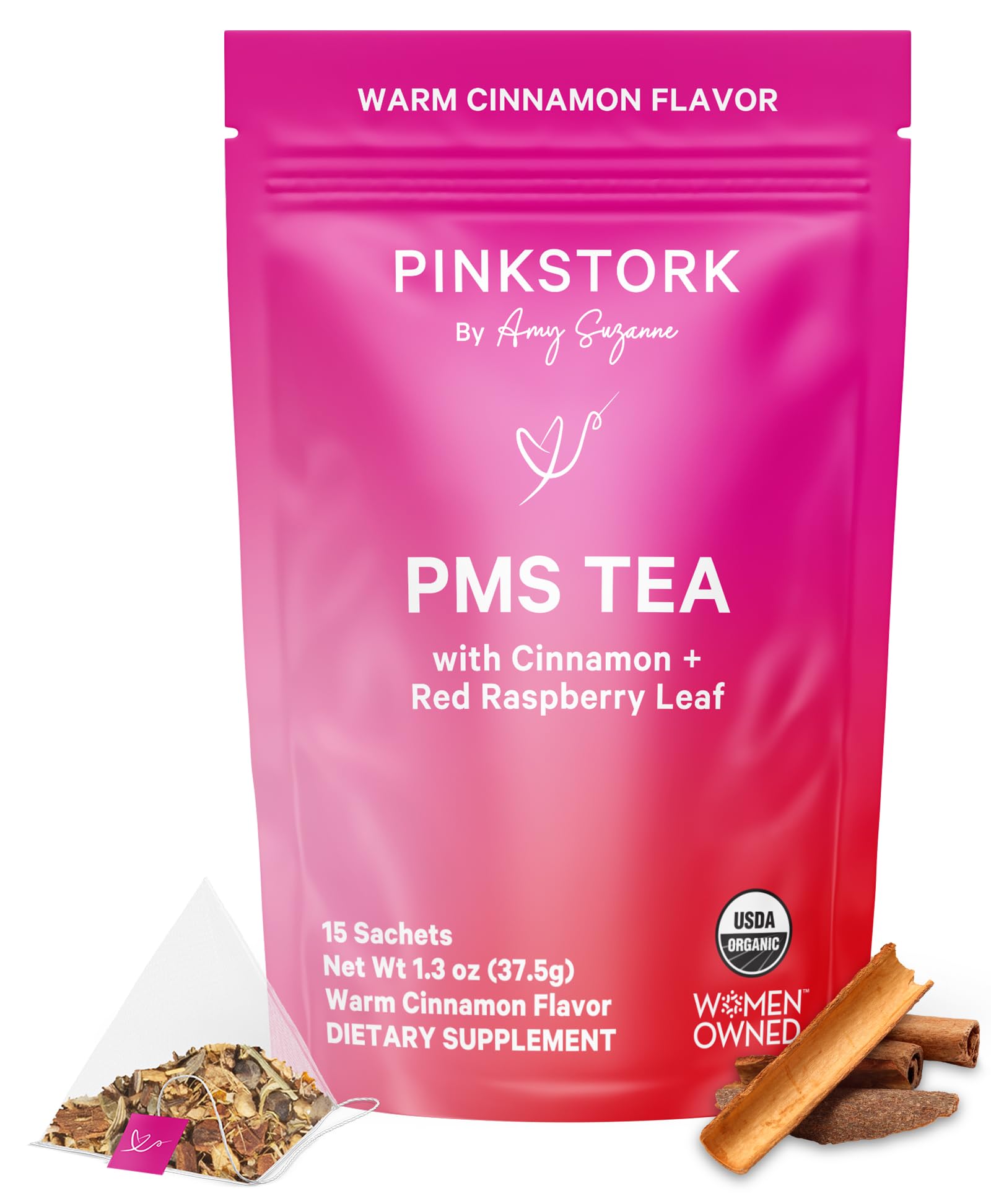Pink Stork Organic PMS Tea for Hormone Balance, Mood Swings, Bloating, and Period Regularity - 8 Herbs - Vitex, Red Raspberry Leaf, Chamomile - Caffeine-Free - 15 Sachets, Hot or Iced - Maple Wellness Supplements