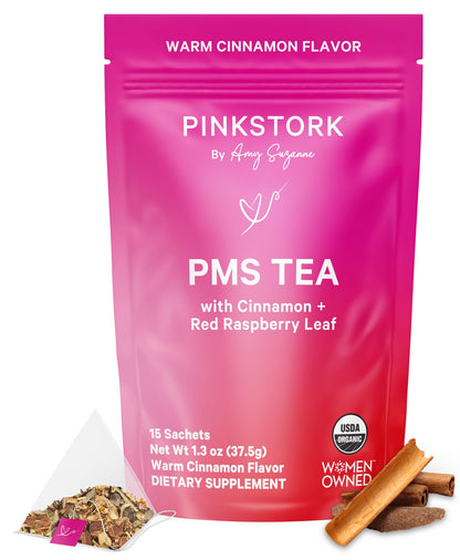Pink Stork Organic PMS Tea for Hormone Balance, Mood Swings, Bloating, and Period Regularity - 8 Herbs - Vitex, Red Raspberry Leaf, Chamomile - Caffeine-Free - 15 Sachets, Hot or Iced - Maple Wellness Supplements