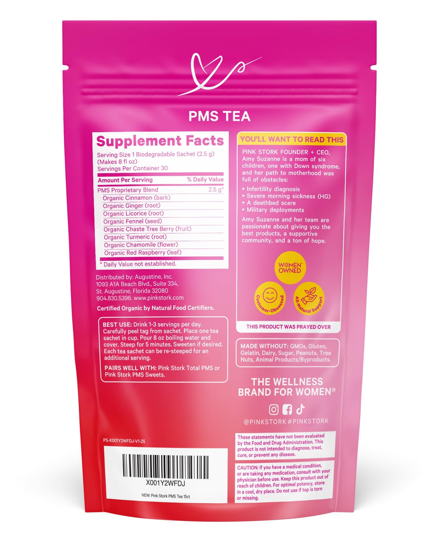 Pink Stork Organic PMS Tea for Hormone Balance, Mood Swings, Bloating, and Period Regularity - 8 Herbs - Vitex, Red Raspberry Leaf, Chamomile - Caffeine-Free - 15 Sachets, Hot or Iced - Maple Wellness Supplements