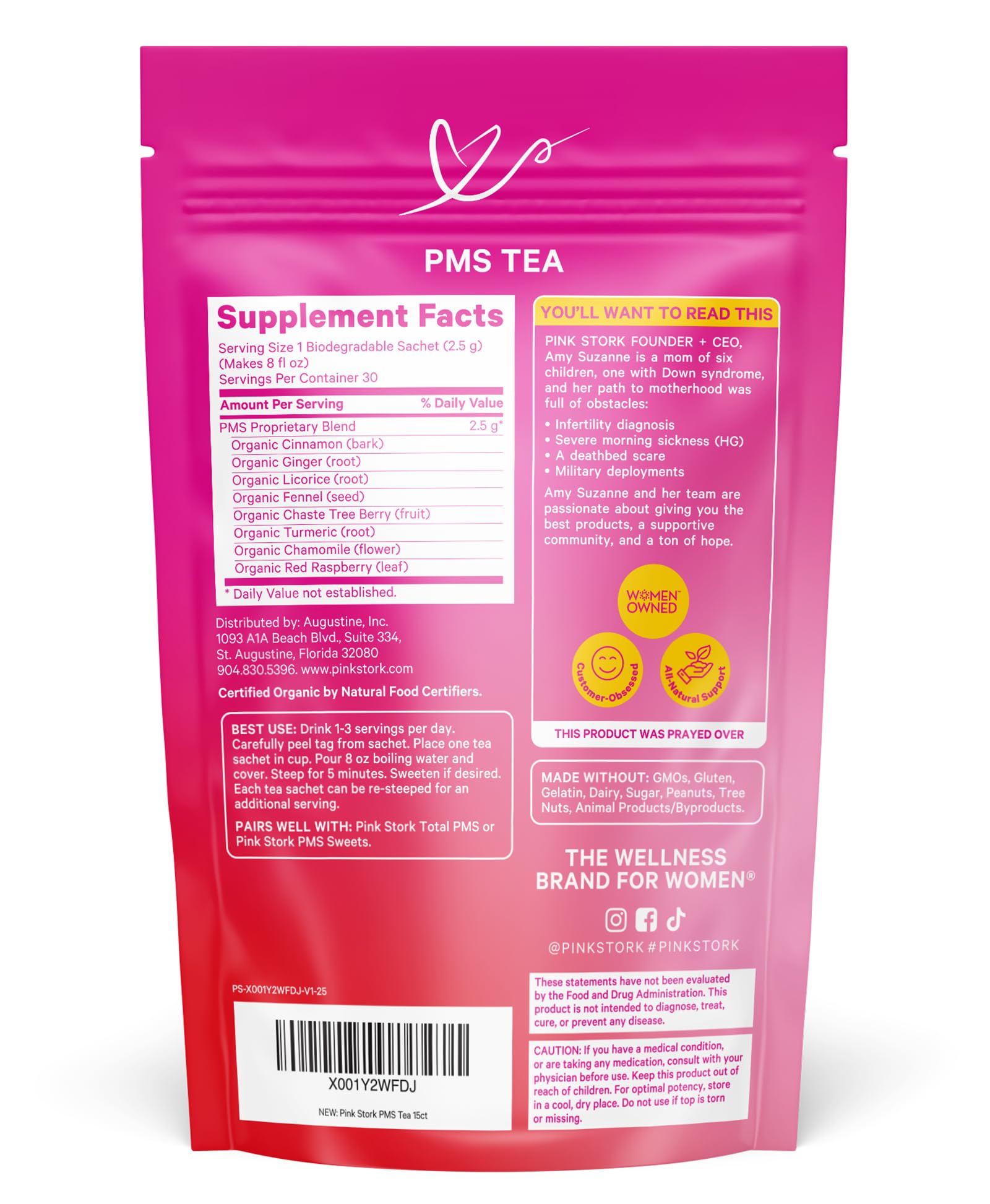 Pink Stork Organic PMS Tea for Hormone Balance, Mood Swings, Bloating, and Period Regularity - 8 Herbs - Vitex, Red Raspberry Leaf, Chamomile - Caffeine-Free - 15 Sachets, Hot or Iced - Maple Wellness Supplements