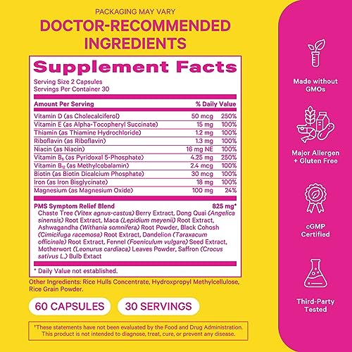 Pink Stork PMS Supplement for Women - Vitex, Ashwagandha, Maca Root & 10 Vitamins & Minerals to Support Hormone Balance, Mood, Bloating, Period Regularity - 60 Capsules - Maple Wellness Supplements