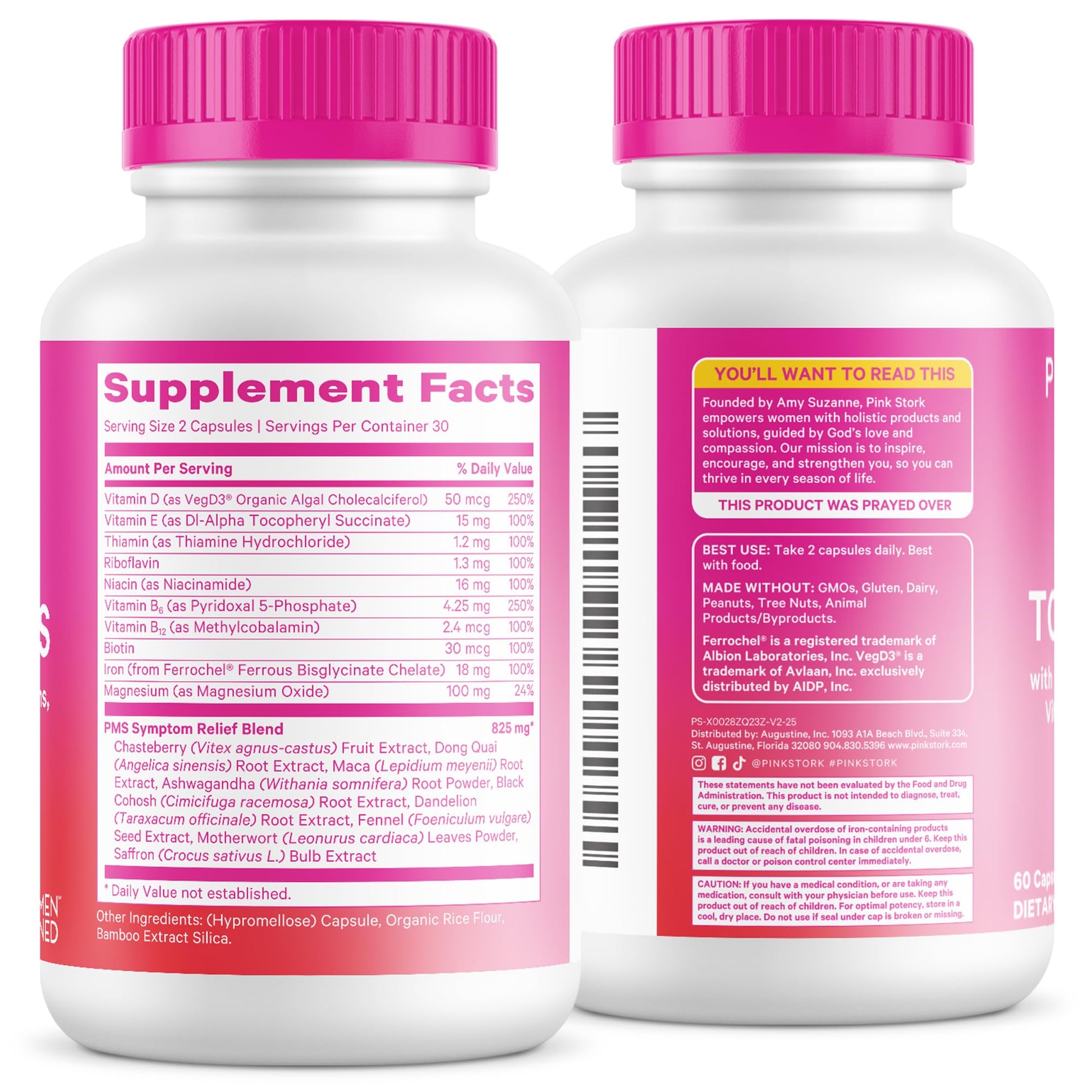 Pink Stork PMS Supplement for Women - Vitex, Ashwagandha, Maca Root & 10 Vitamins & Minerals to Support Hormone Balance, Mood, Bloating, Period Regularity - 60 Capsules - Maple Wellness Supplements
