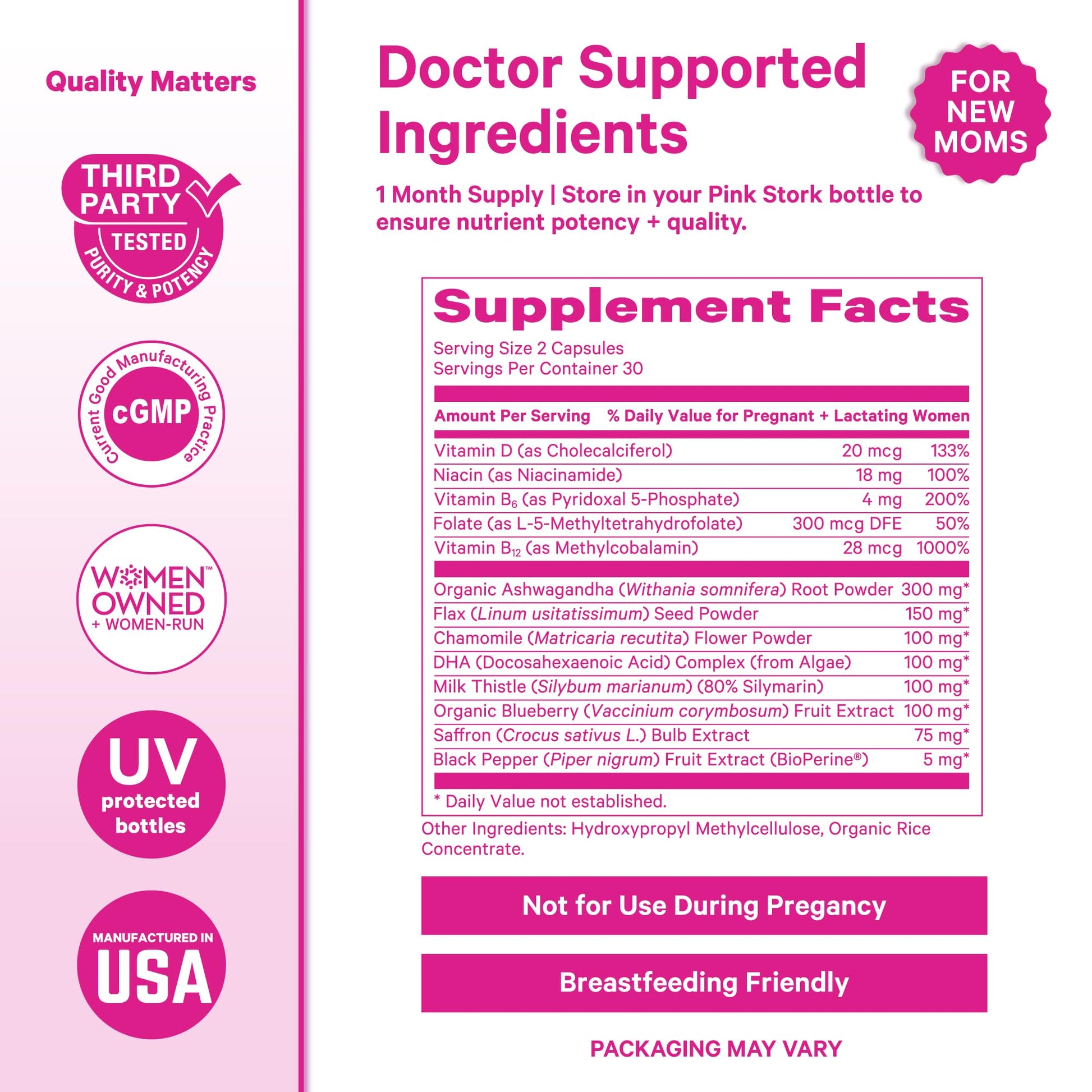Pink Stork Postpartum Mood Support - Postnatal Hormone Balance for Women - Breastfeeding Friendly - Stress & Cognitive Support, New Mom Essentials - Ashwagandha, Chamomile, & Vitamin D, 60 Capsules - Maple Wellness Supplements