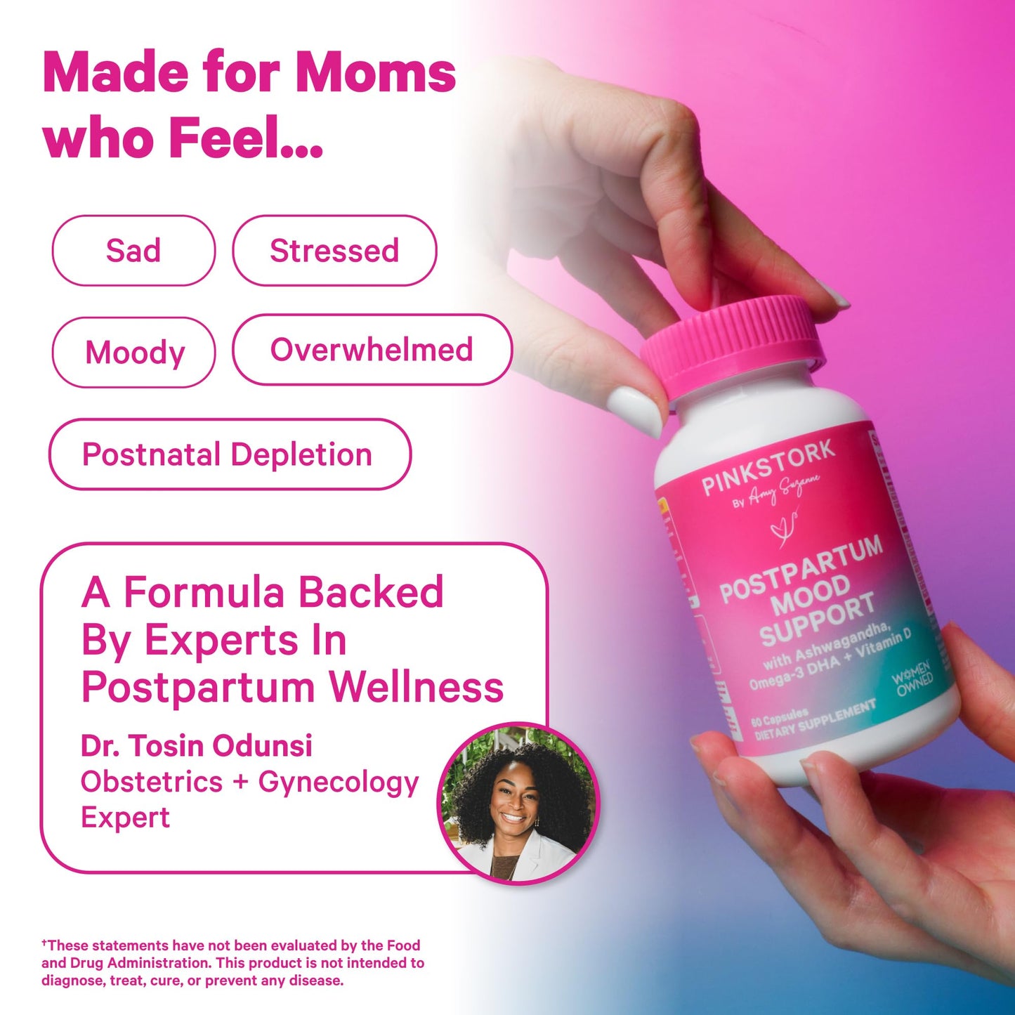 Pink Stork Postpartum Mood Support - Postnatal Hormone Balance for Women - Breastfeeding Friendly - Stress & Cognitive Support, New Mom Essentials - Ashwagandha, Chamomile, & Vitamin D, 60 Capsules - Maple Wellness Supplements