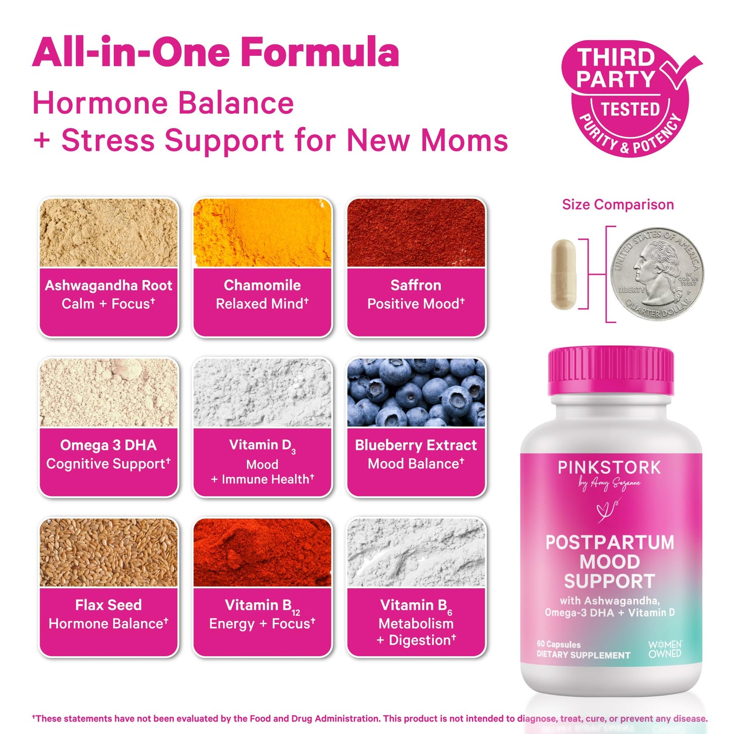 Pink Stork Postpartum Mood Support - Postnatal Hormone Balance for Women - Breastfeeding Friendly - Stress & Cognitive Support, New Mom Essentials - Ashwagandha, Chamomile, & Vitamin D, 60 Capsules - Maple Wellness Supplements