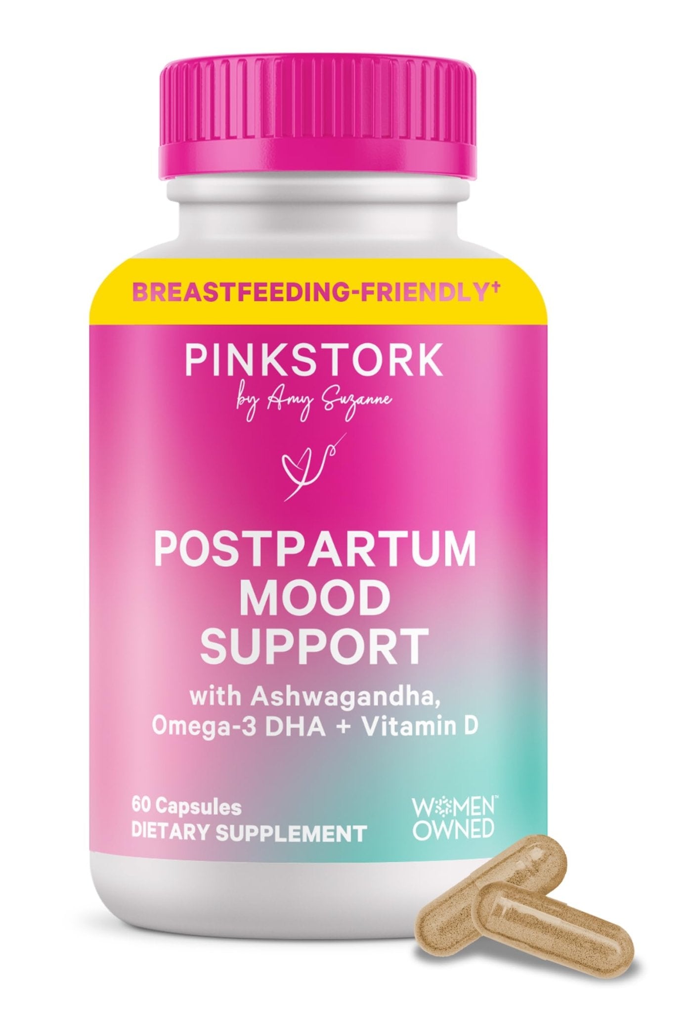Pink Stork Postpartum Mood Support - Postnatal Hormone Balance for Women - Breastfeeding Friendly - Stress & Cognitive Support, New Mom Essentials - Ashwagandha, Chamomile, & Vitamin D, 60 Capsules - Maple Wellness Supplements
