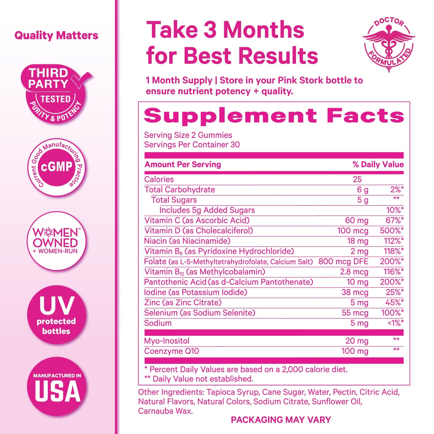 Pink Stork Premium Fertility Gummies | Fertility Supplements for Women with CoQ10, Myo-Inositol + Prenatal Vitamins | Conception Support | Hormone Balance for Women, Ovarian Care - 60 Gummies - Maple Wellness Supplements