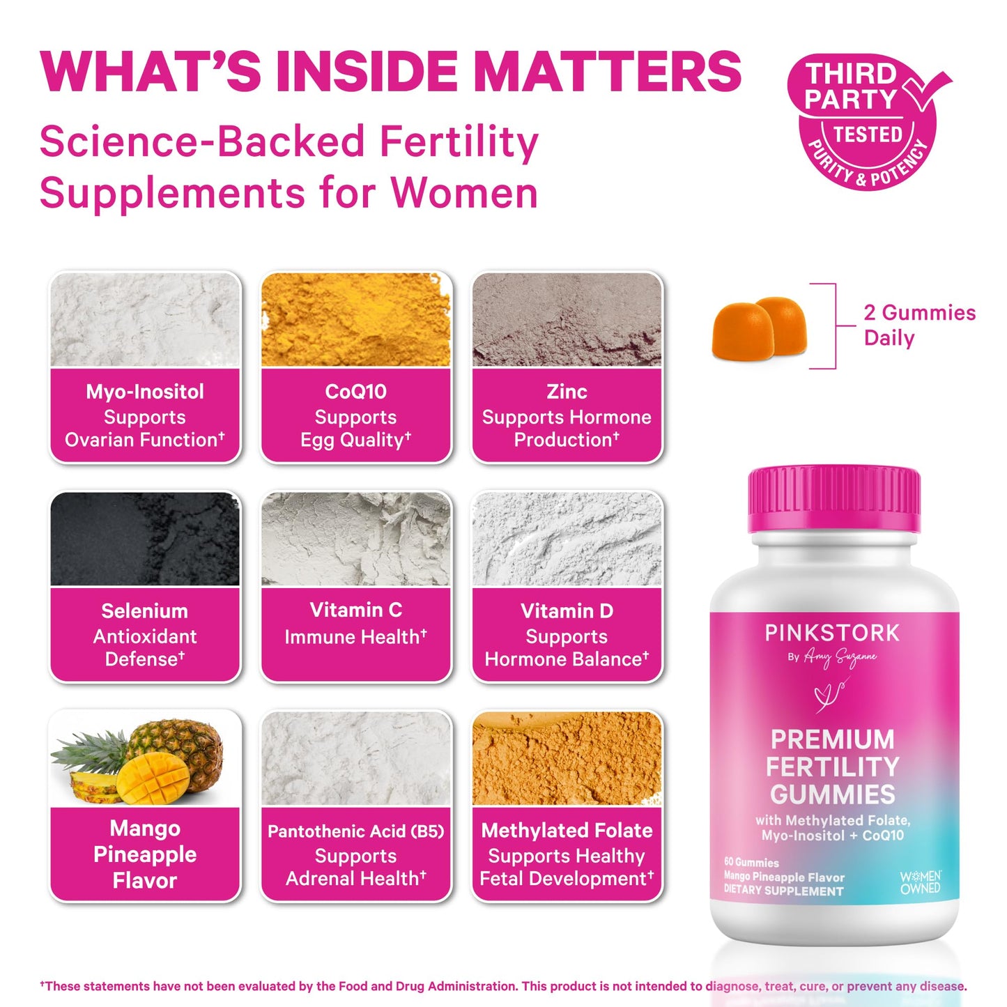 Pink Stork Premium Fertility Gummies | Fertility Supplements for Women with CoQ10, Myo-Inositol + Prenatal Vitamins | Conception Support | Hormone Balance for Women, Ovarian Care - 60 Gummies - Maple Wellness Supplements