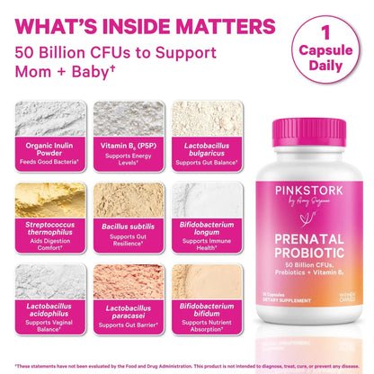 Pink Stork Prenatal Probiotic for Women with 50 Billion CFU | Vitamin B6 & Prebiotics | Pregnancy Probiotics for Morning Sickness | Digestive, Immune, & Gut Health | Vegan & Gluten-Free | 30 Capsules - Maple Wellness Supplements