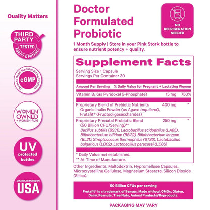 Pink Stork Prenatal Probiotic for Women with 50 Billion CFU | Vitamin B6 & Prebiotics | Pregnancy Probiotics for Morning Sickness | Digestive, Immune, & Gut Health | Vegan & Gluten-Free | 30 Capsules - Maple Wellness Supplements