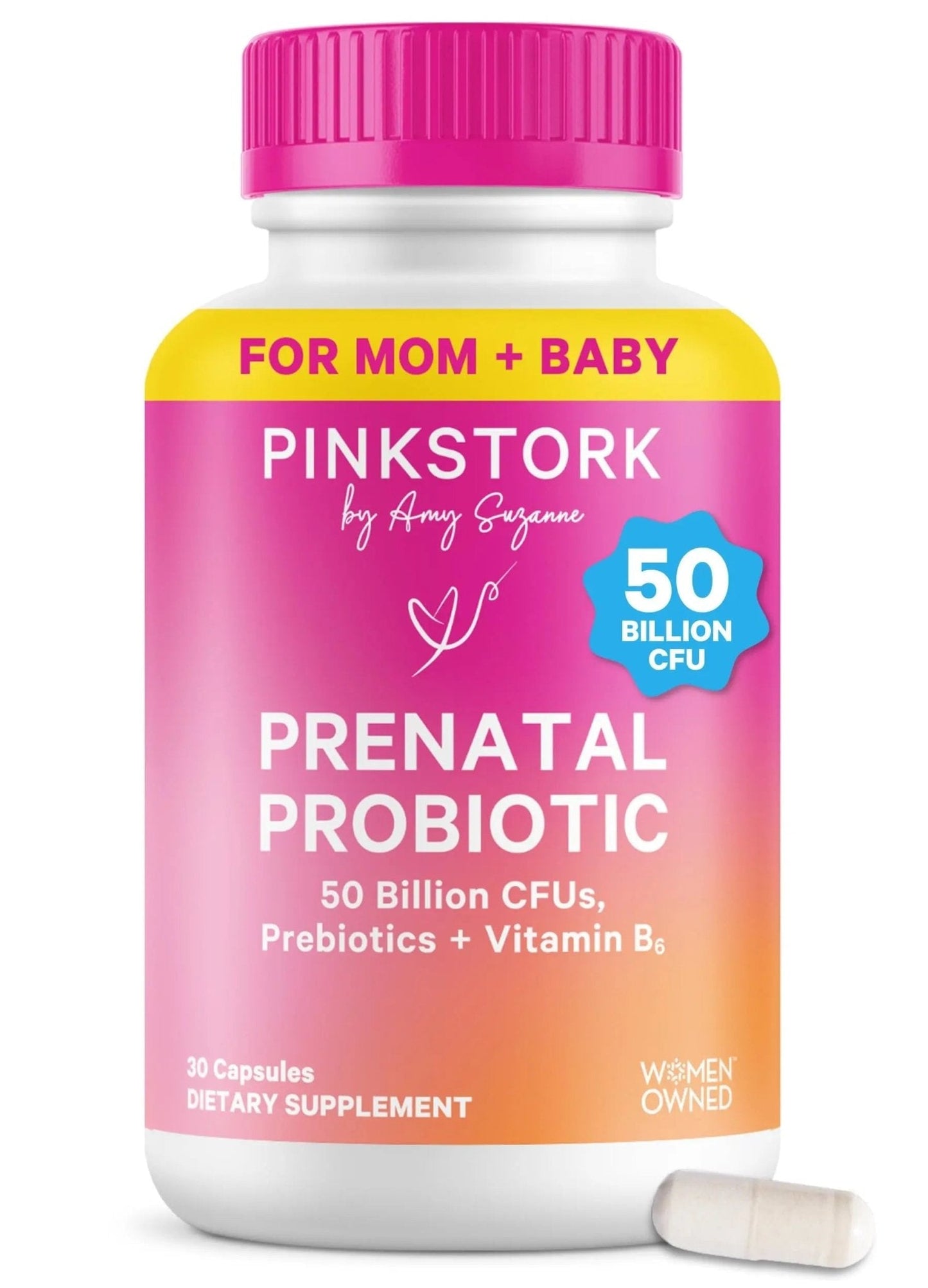 Pink Stork Prenatal Probiotic for Women with 50 Billion CFU | Vitamin B6 & Prebiotics | Pregnancy Probiotics for Morning Sickness | Digestive, Immune, & Gut Health | Vegan & Gluten-Free | 30 Capsules - Maple Wellness Supplements
