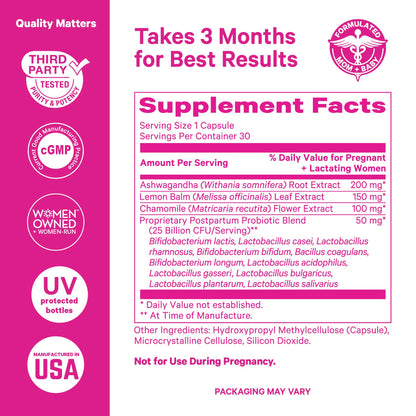 Pink Stork Probiotics for Postnatal Women - 30 Billion CFUS with Ashwagandha and Chamomile, Postpartum Essentials for Hormone Balance, Mood Support, Gut Health, Digestive Wellness, 30 Capsules - Maple Wellness Supplements