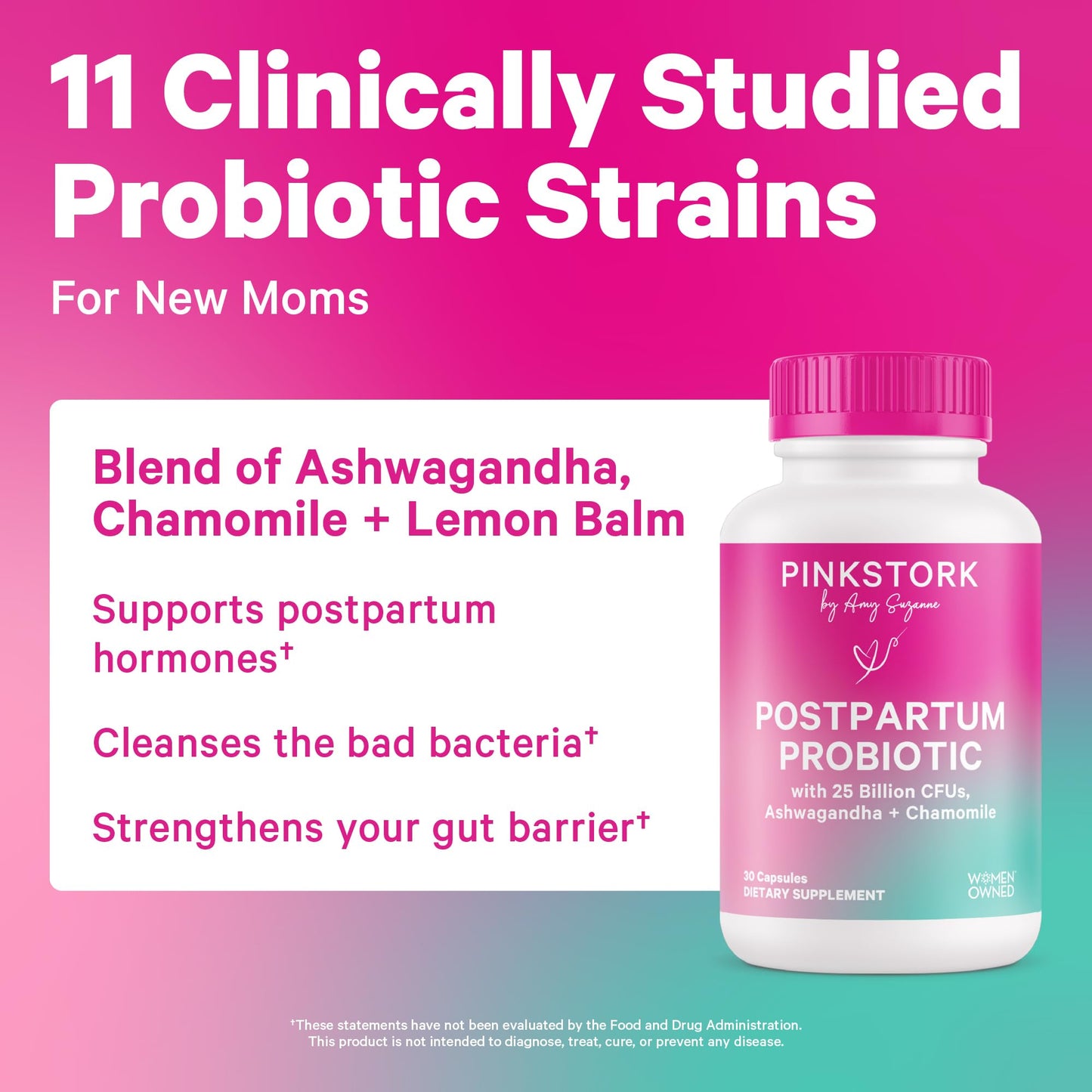 Pink Stork Probiotics for Postnatal Women - 30 Billion CFUS with Ashwagandha and Chamomile, Postpartum Essentials for Hormone Balance, Mood Support, Gut Health, Digestive Wellness, 30 Capsules - Maple Wellness Supplements