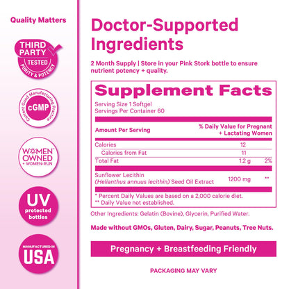 Pink Stork Sunflower Lecithin Supplement - 1200 mg for Clogged Milk Ducts - Breastfeeding Essentials for Postpartum Moms - Maple Wellness Supplements