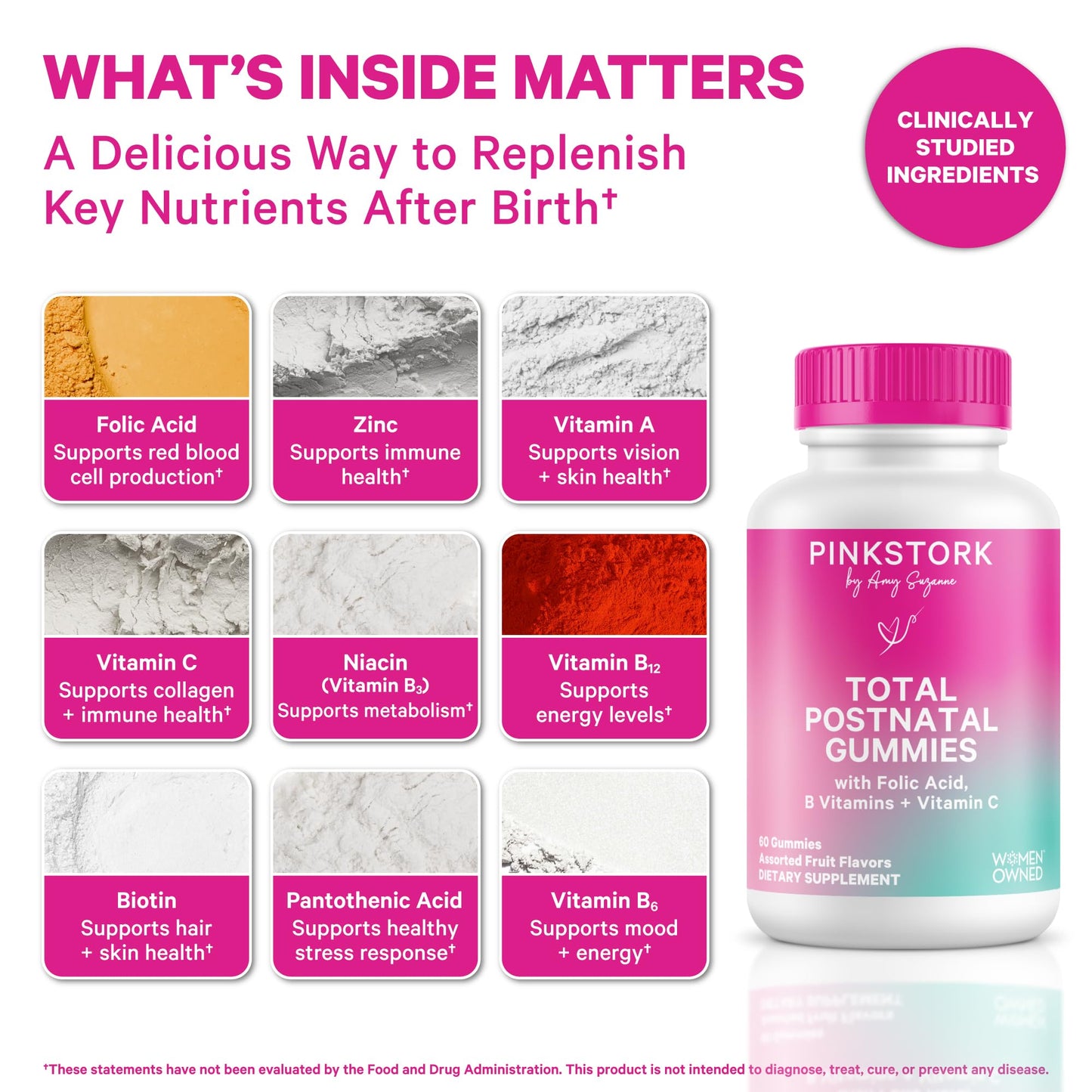 Pink Stork Total Postnatal Vitamin Gummies - Multivitamin for Postpartum Recovery and Lactation Support - Folic Acid, B6, and Vitamin C - Maple Wellness Supplements
