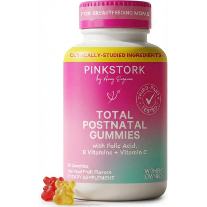 Pink Stork Total Postnatal Vitamin Gummies - Multivitamin for Postpartum Recovery and Lactation Support - Folic Acid, B6, and Vitamin C - Maple Wellness Supplements