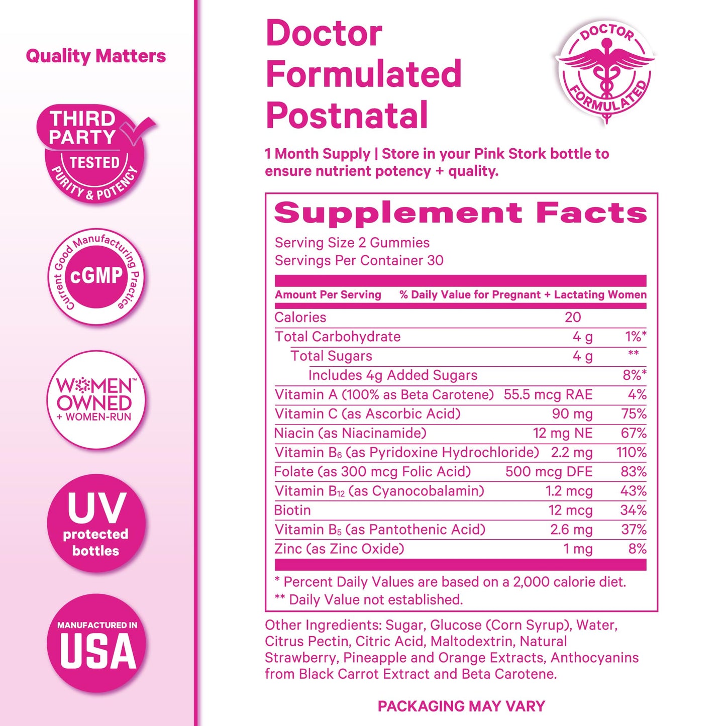 Pink Stork Total Postnatal Vitamin Gummies - Multivitamin for Postpartum Recovery and Lactation Support - Folic Acid, B6, and Vitamin C - Maple Wellness Supplements