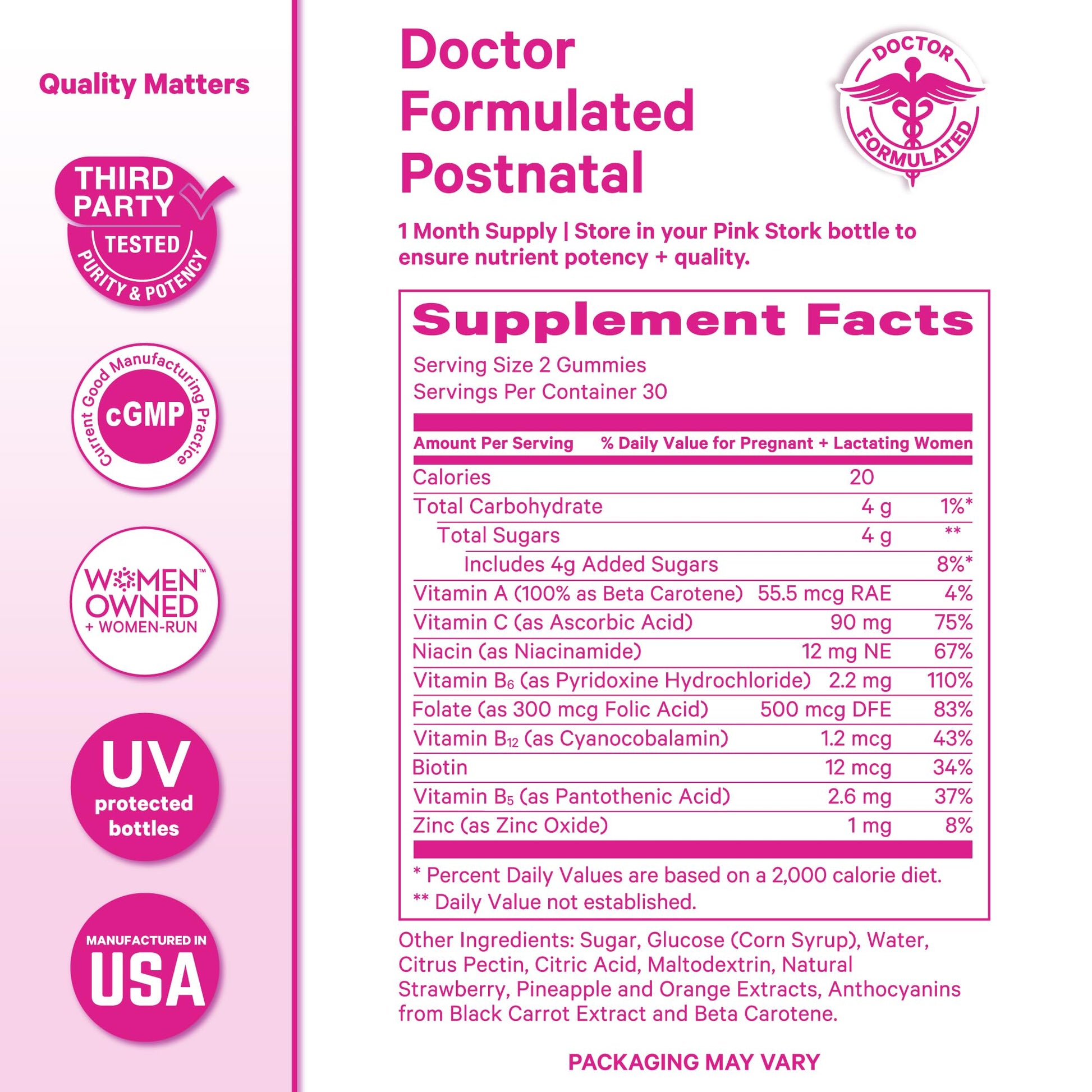 Pink Stork Total Postnatal Vitamin Gummies - Multivitamin for Postpartum Recovery and Lactation Support - Folic Acid, B6, and Vitamin C - Maple Wellness Supplements
