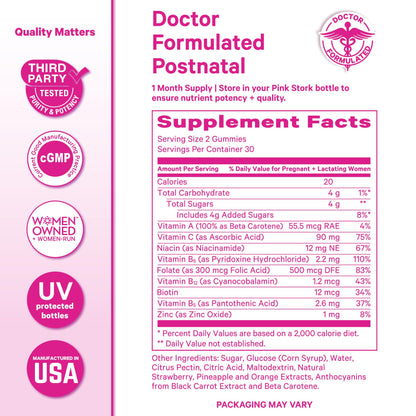 Pink Stork Total Postnatal Vitamin Gummies - Multivitamin for Postpartum Recovery and Lactation Support - Folic Acid, B6, and Vitamin C - Maple Wellness Supplements