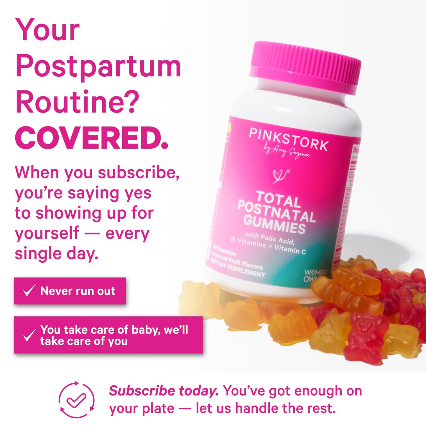 Pink Stork Total Postnatal Vitamin Gummies - Multivitamin for Postpartum Recovery and Lactation Support - Folic Acid, B6, and Vitamin C - Maple Wellness Supplements