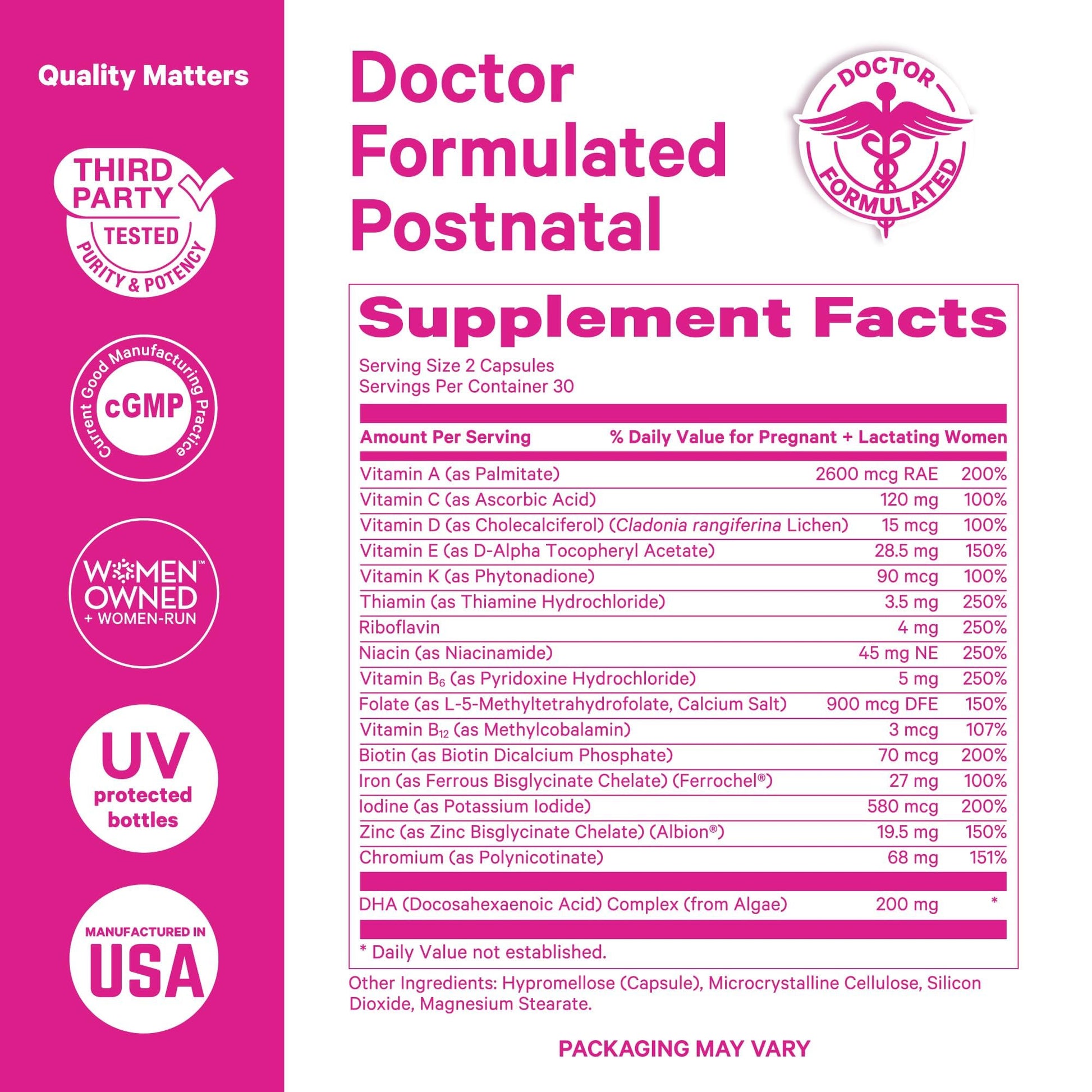 Pink Stork Total Postnatal Vitamins for Women | Vegan DHA, Iron, Folate, B12 | Postpartum Recovery Essentials | Lactation Support for Breastfeeding Moms - Maple Wellness Supplements