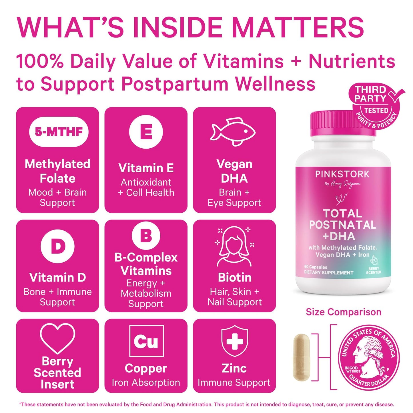 Pink Stork Total Postnatal Vitamins for Women | Vegan DHA, Iron, Folate, B12 | Postpartum Recovery Essentials | Lactation Support for Breastfeeding Moms - Maple Wellness Supplements
