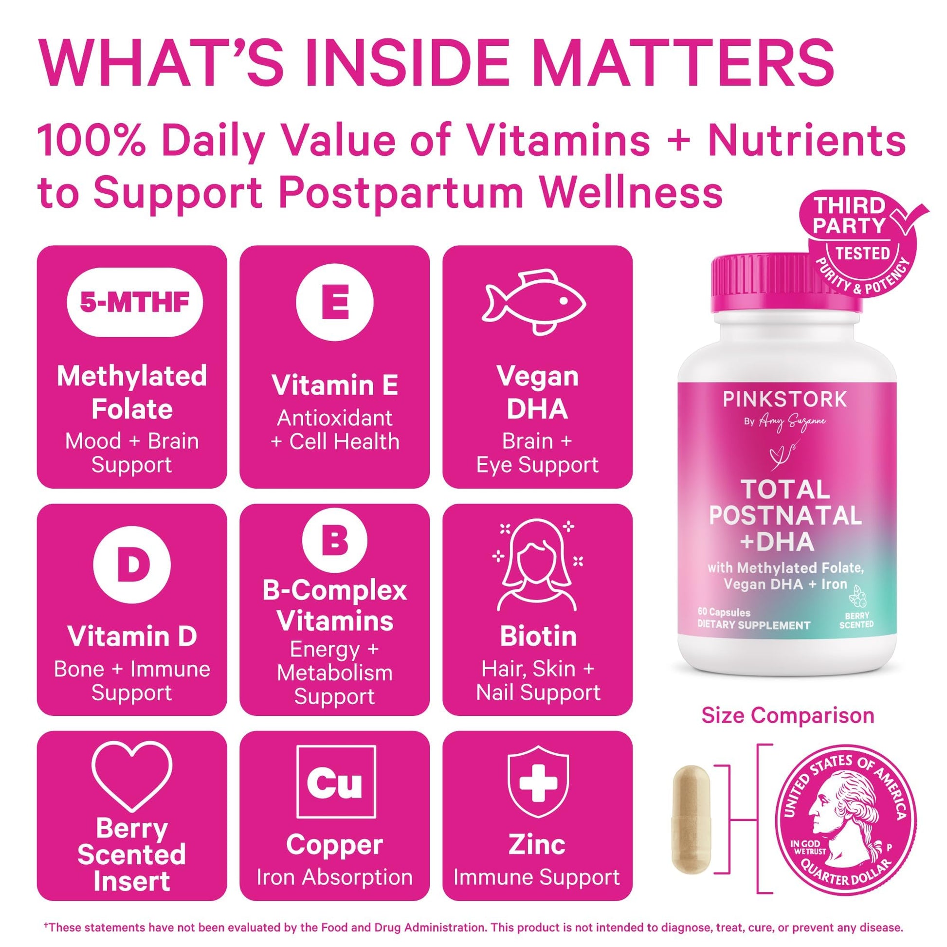 Pink Stork Total Postnatal Vitamins for Women | Vegan DHA, Iron, Folate, B12 | Postpartum Recovery Essentials | Lactation Support for Breastfeeding Moms - Maple Wellness Supplements