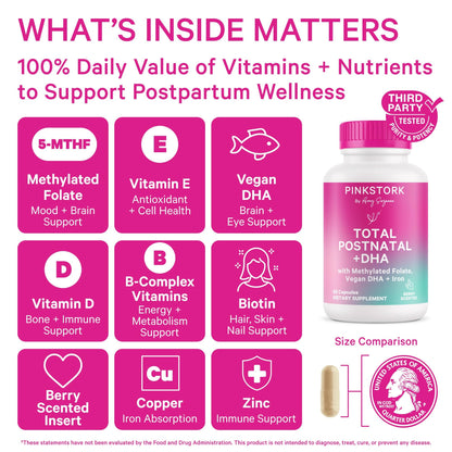 Pink Stork Total Postnatal Vitamins for Women | Vegan DHA, Iron, Folate, B12 | Postpartum Recovery Essentials | Lactation Support for Breastfeeding Moms - Maple Wellness Supplements