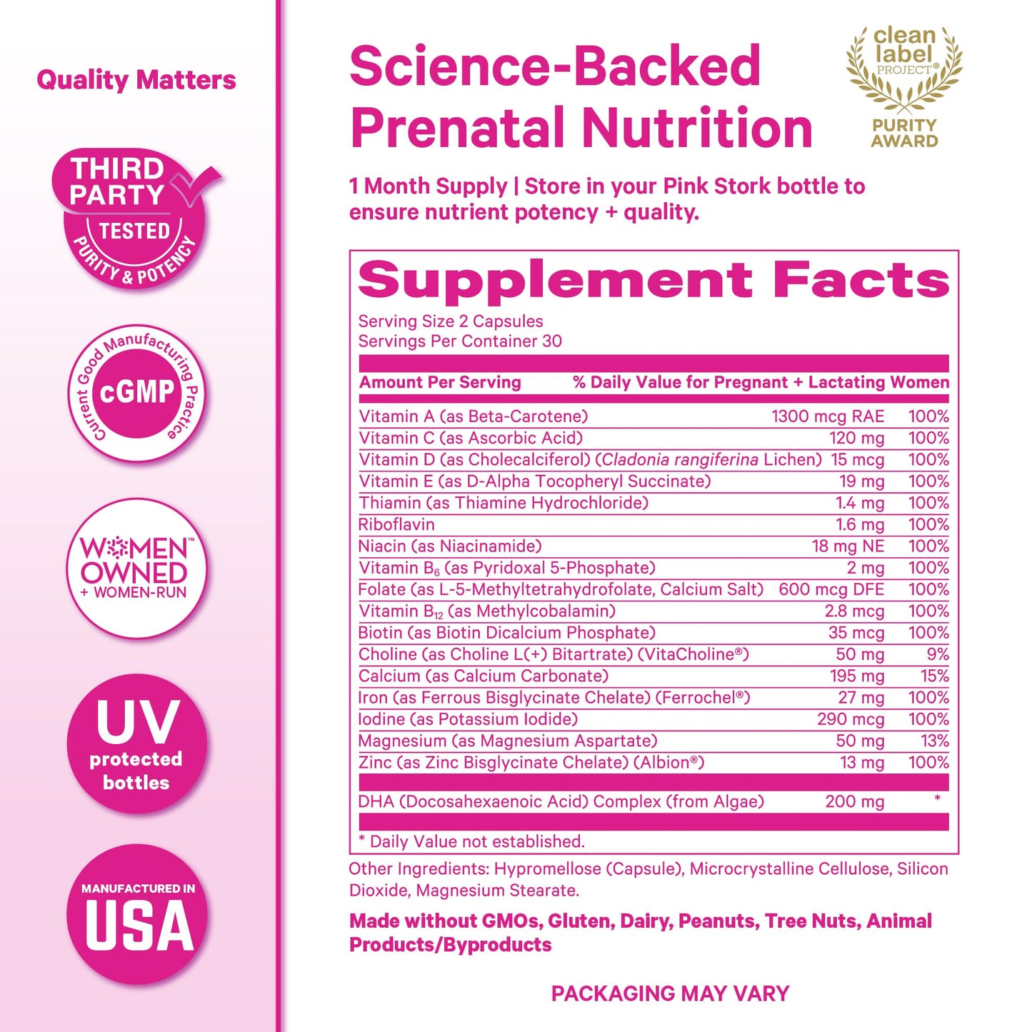 Pink Stork Total Prenatal Vitamins with DHA, Folate, Iron, Choline, and Vitamin B12 - Prenatals for Women to Support Fetal Development, Pregnancy Essentials - Maple Wellness Supplements