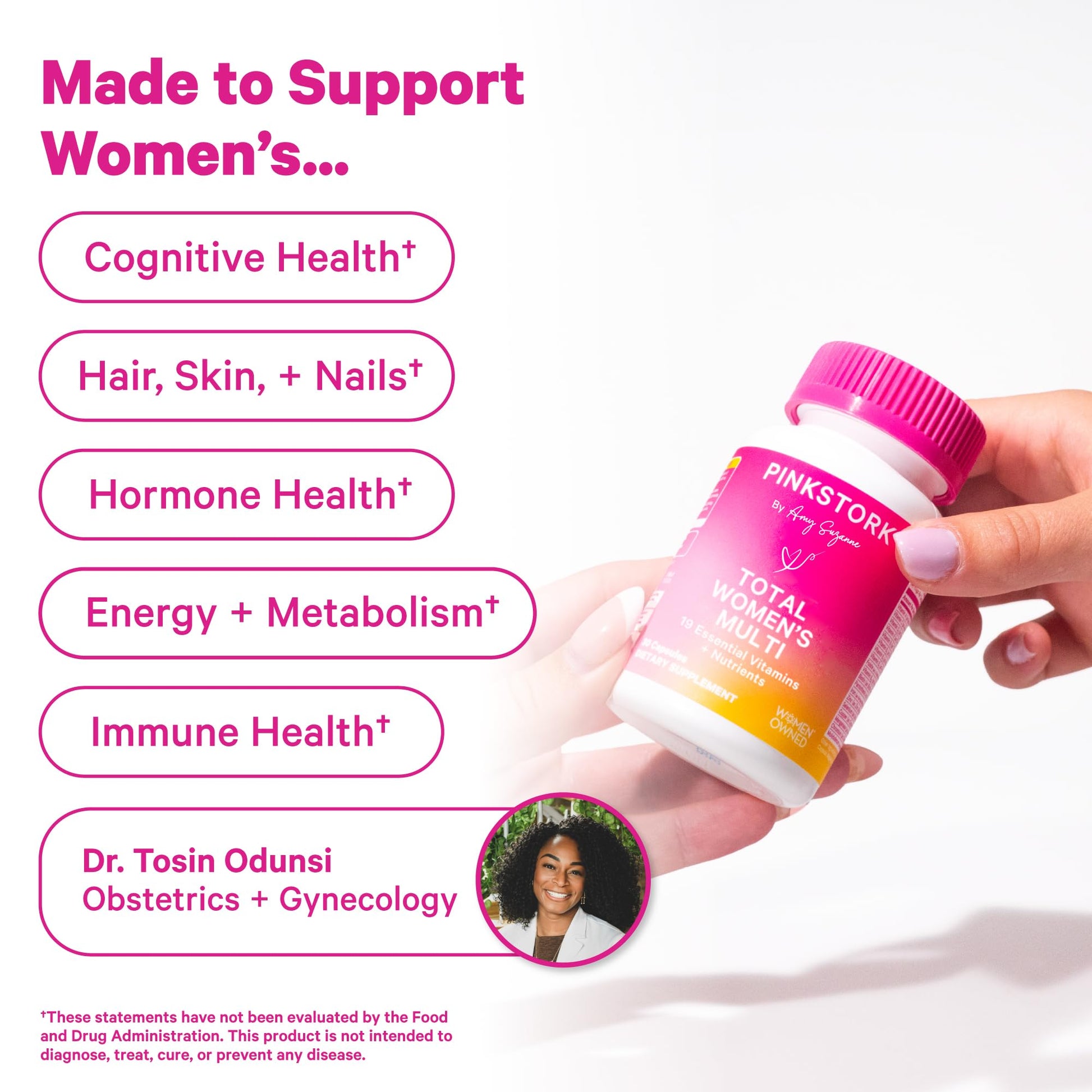 Pink Stork Total Women's Multivitamin - 19 Essential Vitamins for Women & Nutrients – Energy, Metabolism, Hormone, Immune & Mood Support – B6, B12, Biotin, Iron & Zinc – 30 Capsules - Maple Wellness Supplements