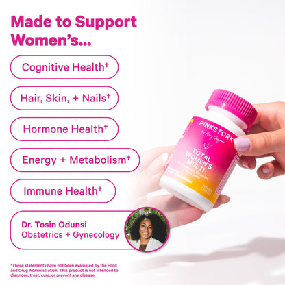 Pink Stork Total Women's Multivitamin - 19 Essential Vitamins for Women & Nutrients – Energy, Metabolism, Hormone, Immune & Mood Support – B6, B12, Biotin, Iron & Zinc – 30 Capsules - Maple Wellness Supplements