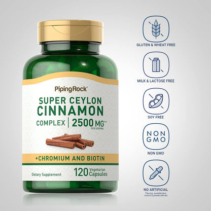 Piping Rock Ceylon Cinnamon Capsules | 120 Pills | Complex Supplement with Chromium and Biotin | Vegetarian, Non-GMO, Gluten Free - Maple Wellness Supplements