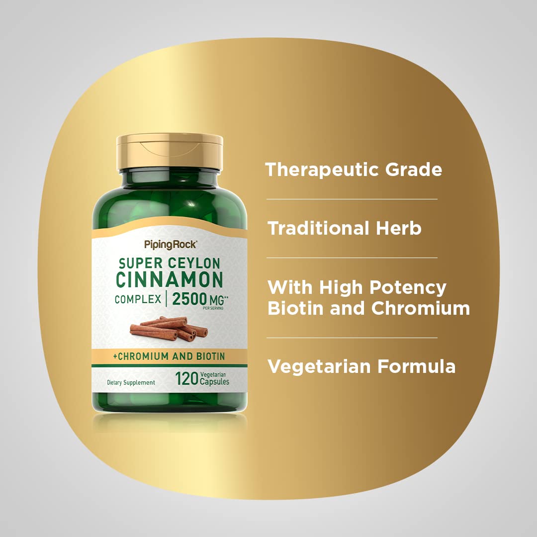 Piping Rock Ceylon Cinnamon Capsules | 120 Pills | Complex Supplement with Chromium and Biotin | Vegetarian, Non-GMO, Gluten Free - Maple Wellness Supplements