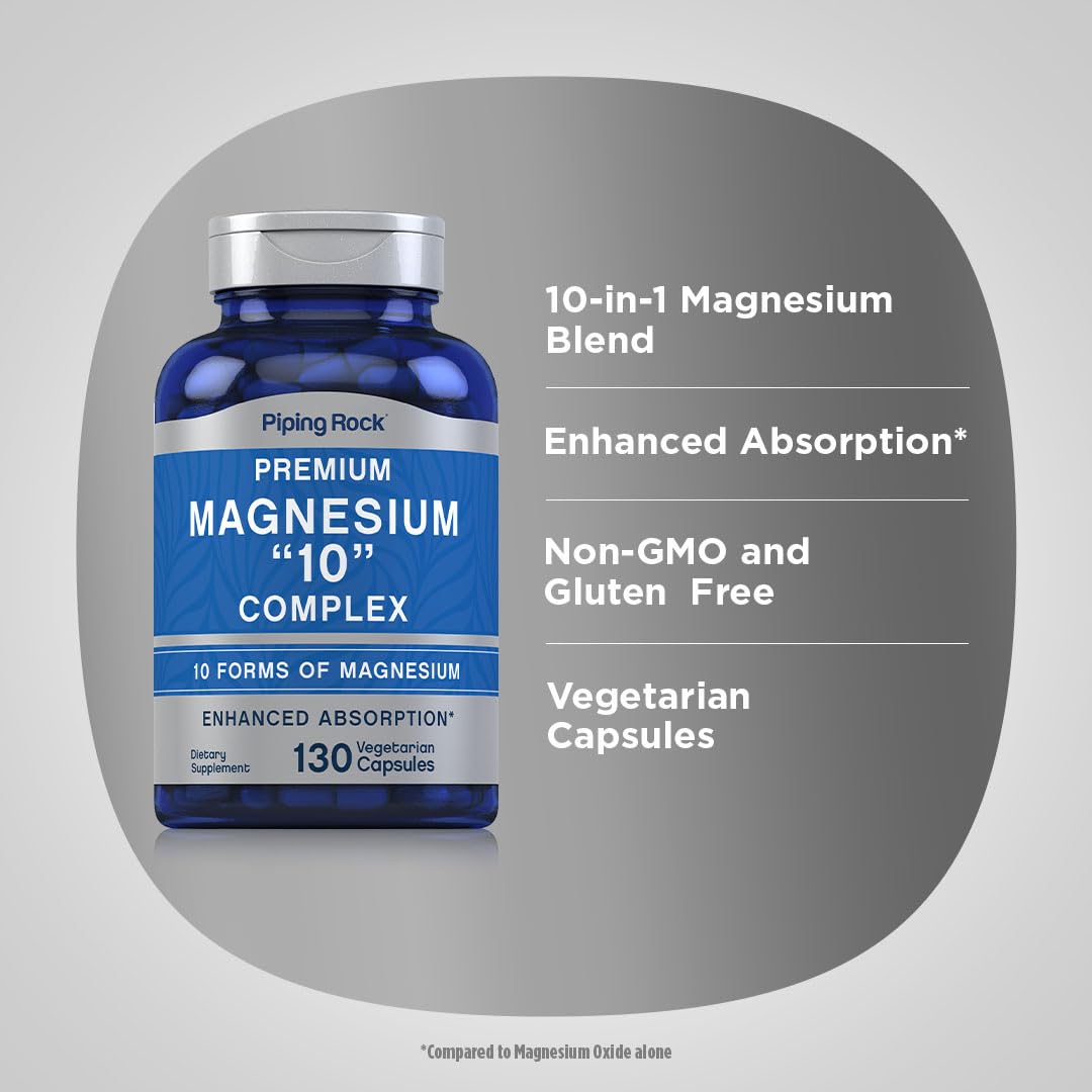 Piping Rock Magnesium 10 in One Complex | 130 Capsules | Supplement for Men and Women | Vegetarian, Non-GMO, Gluten Free - Maple Wellness Supplements