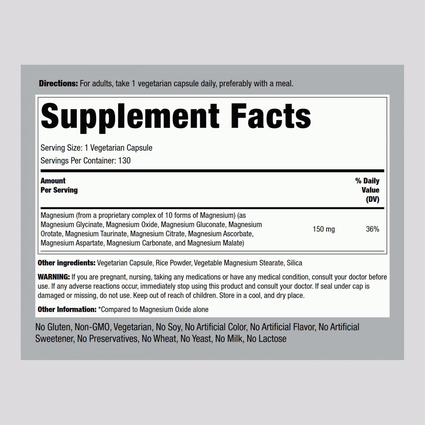 Piping Rock Magnesium 10 in One Complex | 130 Capsules | Supplement for Men and Women | Vegetarian, Non-GMO, Gluten Free - Maple Wellness Supplements