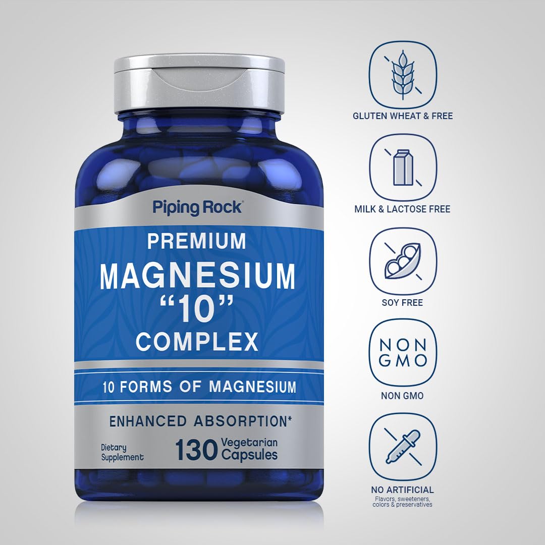 Piping Rock Magnesium 10 in One Complex | 130 Capsules | Supplement for Men and Women | Vegetarian, Non-GMO, Gluten Free - Maple Wellness Supplements