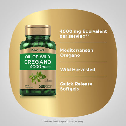Piping Rock Oregano Oil Softgel Capsules | 200 Pills | Herbal Extract Supplement | Wild Harvested | Non-GMO, Gluten Free - Maple Wellness Supplements