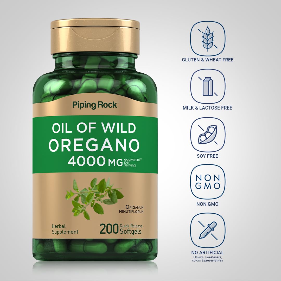 Piping Rock Oregano Oil Softgel Capsules | 200 Pills | Herbal Extract Supplement | Wild Harvested | Non-GMO, Gluten Free - Maple Wellness Supplements
