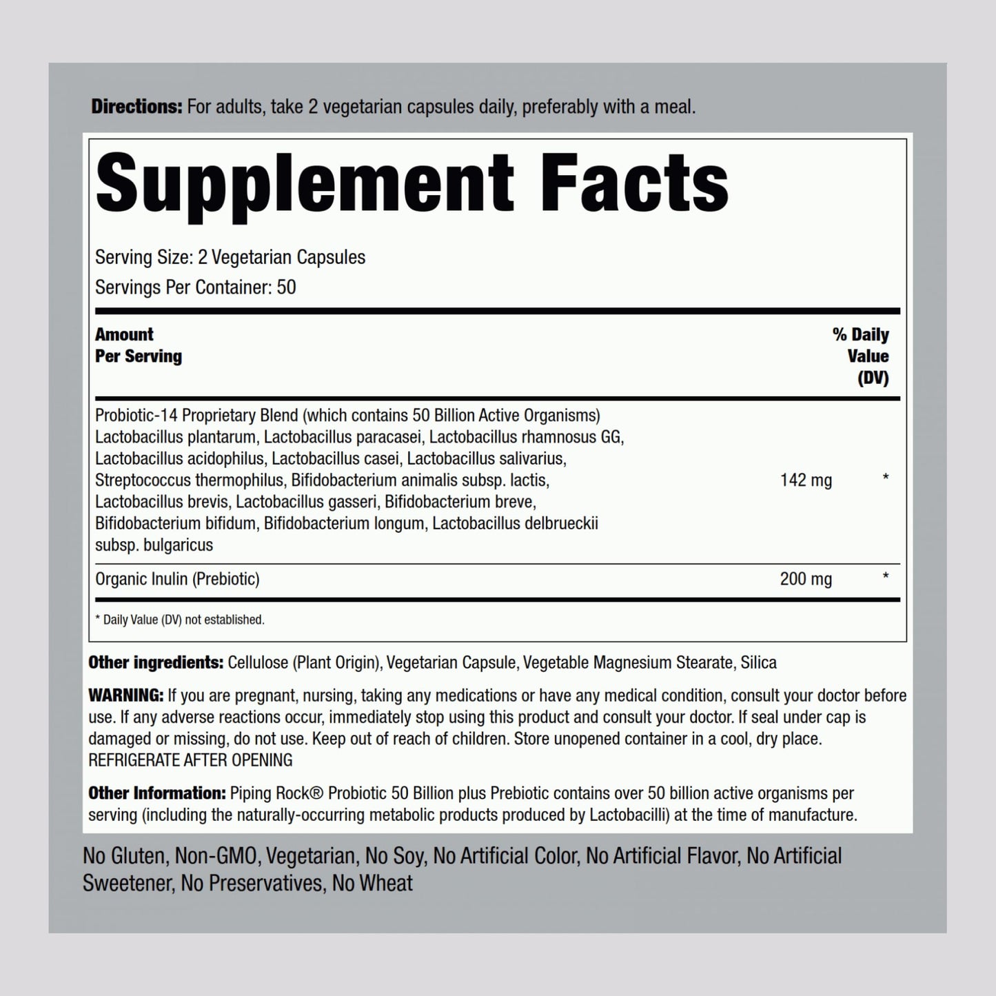 Piping Rock Probiotic and Prebiotic for Women and Men | 50 Billion CFU | 100 Capsules | Ultimate 14 Strain Supplement | Vegetarian, Non-GMO, Gluten Free - Maple Wellness Supplements