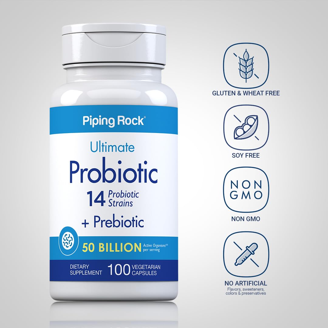 Piping Rock Probiotic and Prebiotic for Women and Men | 50 Billion CFU | 100 Capsules | Ultimate 14 Strain Supplement | Vegetarian, Non-GMO, Gluten Free - Maple Wellness Supplements